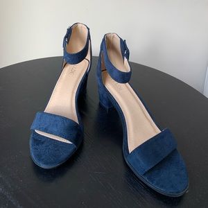 Blue suede ankle strap kitten heel sandals
